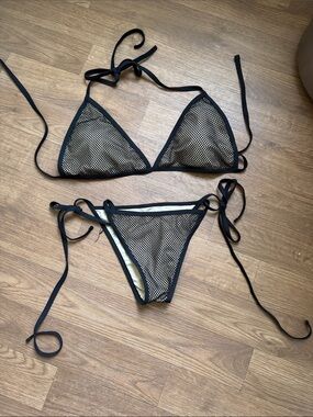 New Large Black Mesh Triangle Bikini Set with Contrast Lining